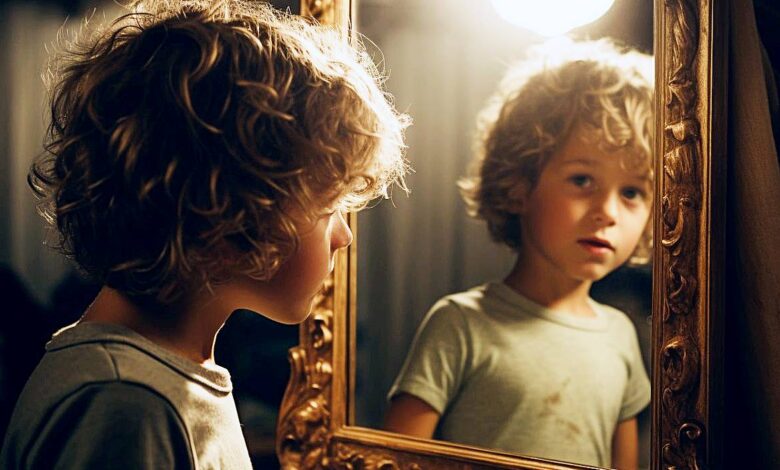 childrens looks most important to self-esteem - boy looking in mirror